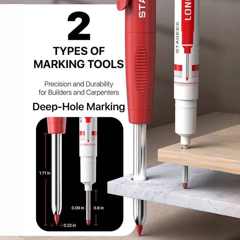 STAGEEK 2 Pack Carpenter Pencils with Sharpener, Mechanical Pencils Set with 26 Refills, Deep Hole Marker for Construction, Heavy Duty Woodworking Tools,Mechanical Pencil Set  for Architect(Black, Red) - With Case