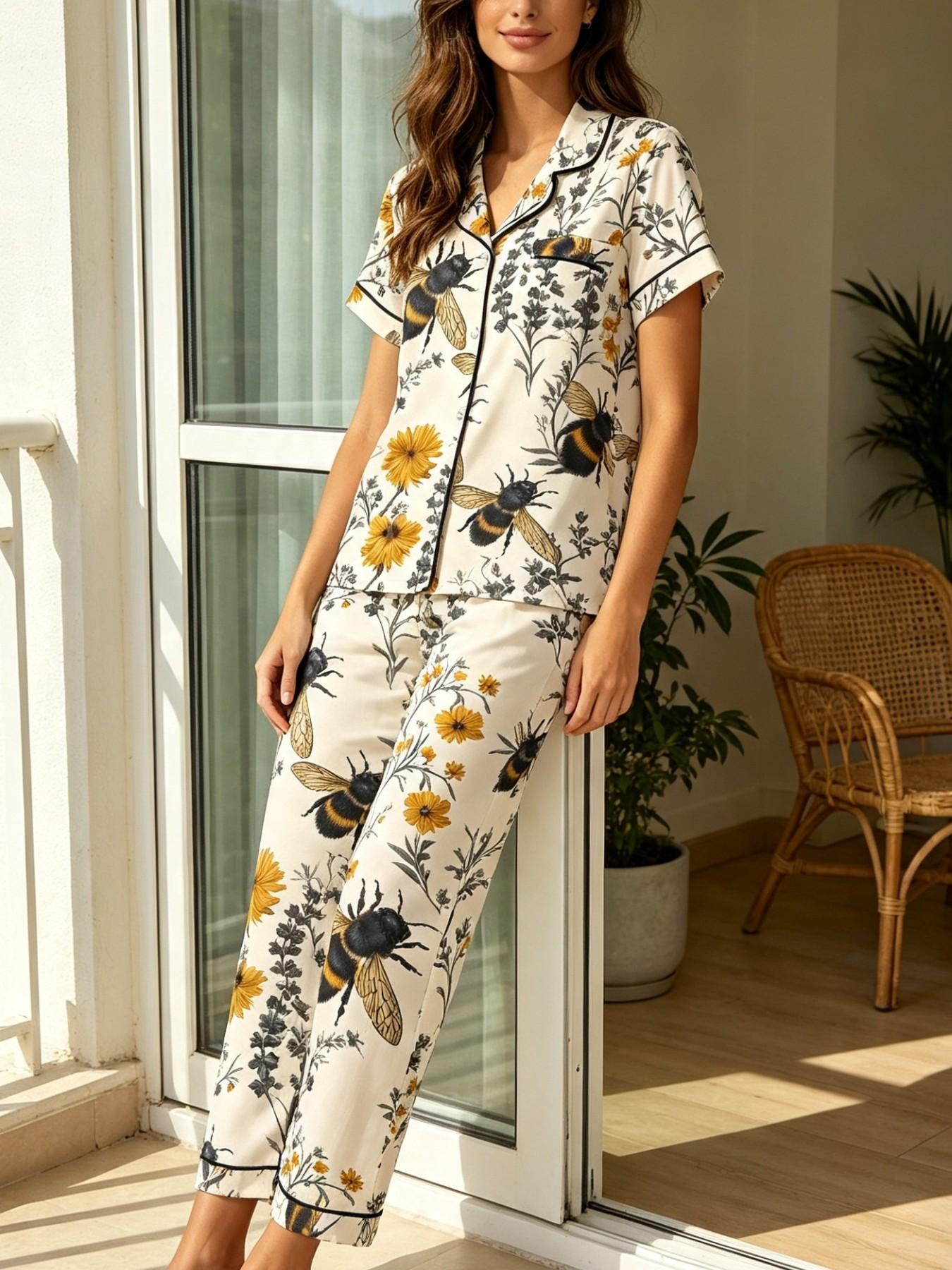 Women's 2-Piece Pajama Set, Short Sleeve Button-Up Shirt and Pants, Casual Home Wear, Floral Bee Daisy Print, All Seasons