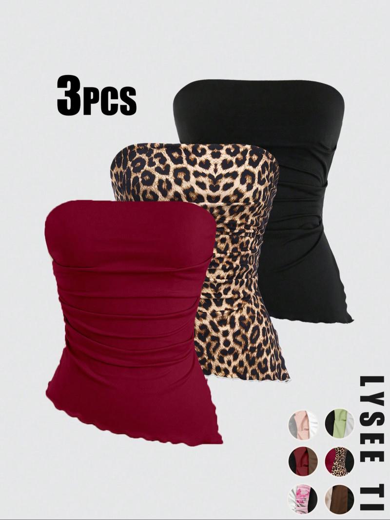 26 Valentine's Day 3pcs Autumn/Winter Bottom Women's Casual Fashion Sports Multi Color Ear Edge High Elasticity Topless Tank Top Three Piece Set