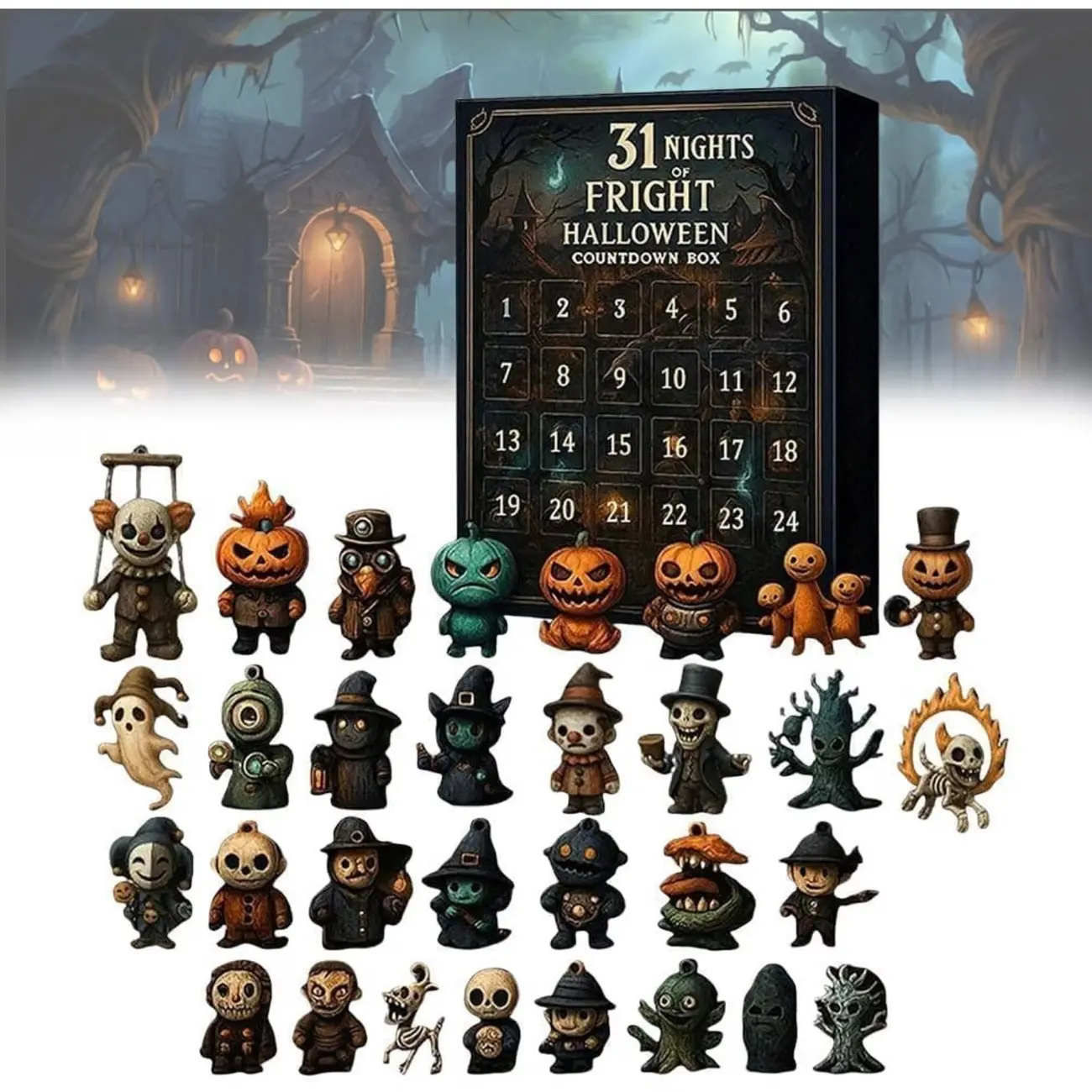Halloween 31 Night Countdown Calendar Gift Box, 31 Collectible Horror Dolls, Daily Door Decor for Parties, Plastic Material, Spooky Holiday Decoration