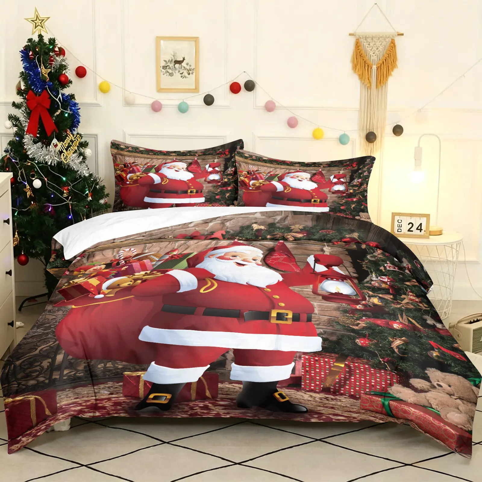 Santa Gift Bag Teddy Bear Christmas Duvet Cover Set Includes 1 Duvet Cover and 1-2 Pillowcases, Soft Breathable Skin-Friendly, Vivid HD Wooden House Tree Print, Farmhouse Aesthetic Bedroom Bedding, Twin Full Queen King Size