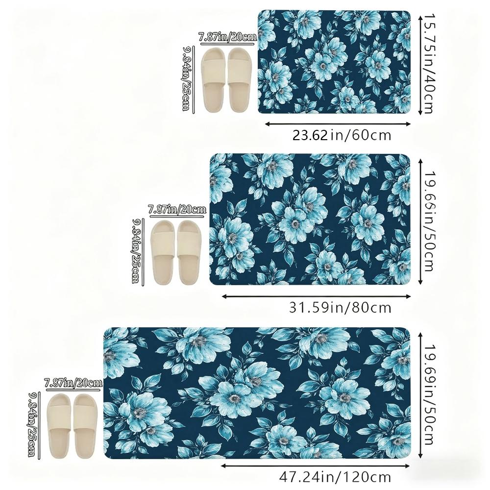 Vintage Blue Floral Kitchen Rug Set, Watercolor Flower Non-Slip Washable Floor Mats, Aesthetic Botanical Runner Rugs for Kitchen, Living Room & Home Decor