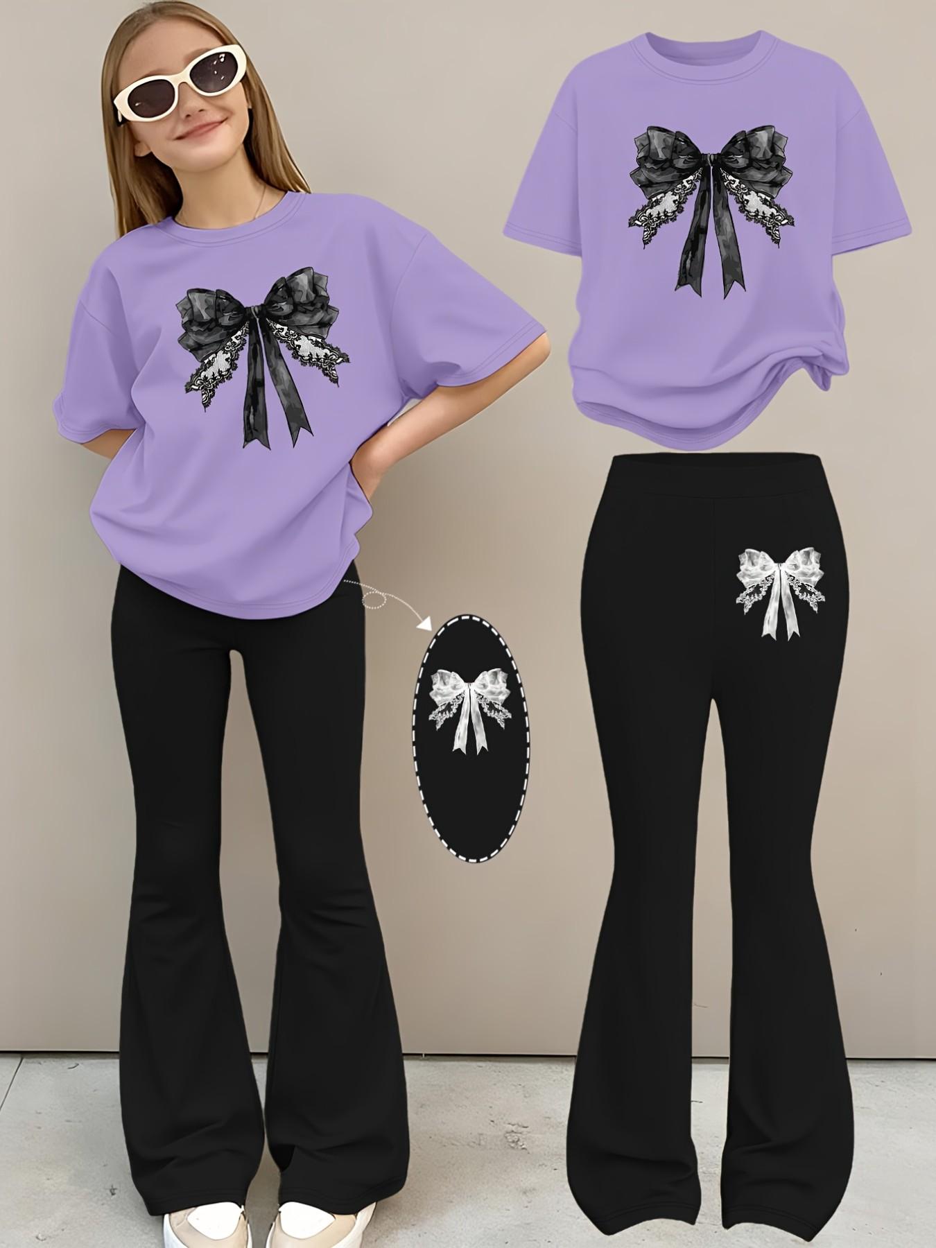 2pcs Girls' Summer Fashion Print Drop Shoulder Short Sleeve T-Shirt + Elastic Bell Pants Set, Comfortable Soft Sweat Absorbing Round Neck T-Shirt + Casual Bell Pants