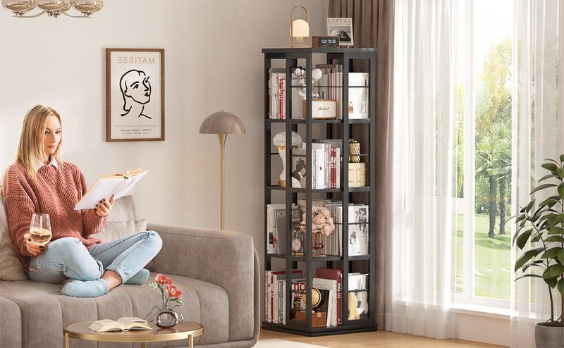Unikito 4/5/6 Tier Rotating Bookshelf, 360 ° Display Stackable Spinning Bookshelf Tower, Narrow Space Saving Tall Floor Standing Swivel Bookcase Corner Storage Organizer for Bedroom, Living Room, shelves  bedroom
