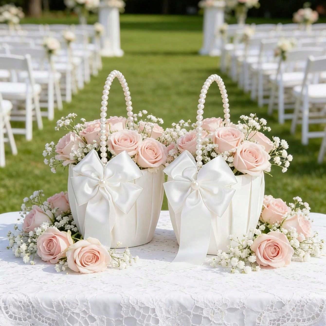 Cute Pearl Handle Flower Basket for Wedding Ceremony, Ivory Color Satin Bunting Floral Arrangement, Perfect for Bridal Party Decorations