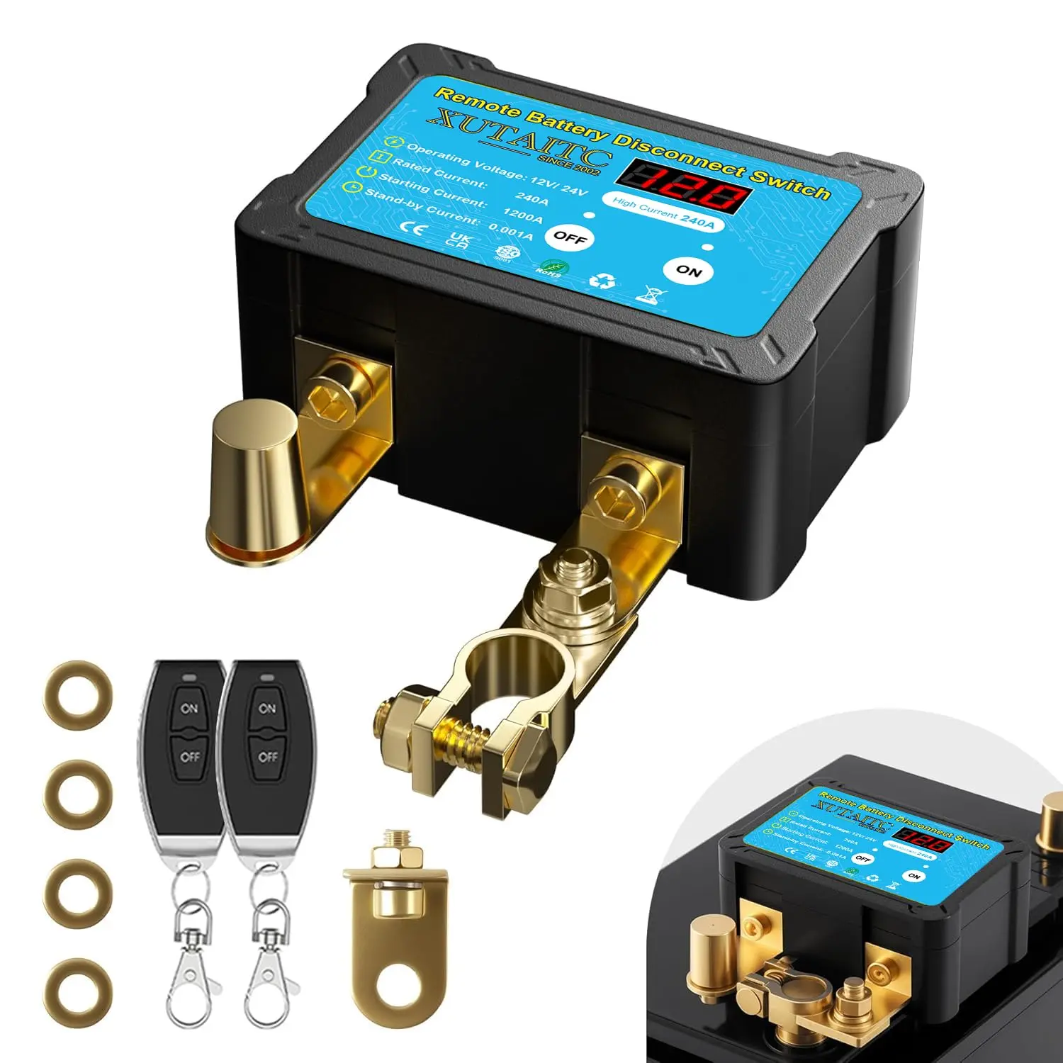 Remote Battery Disconnect Kill Switch - 12V/24V, 240A Rating, LED Voltage Display (led display), Voltage Control, Auto-Off Safety Feature
