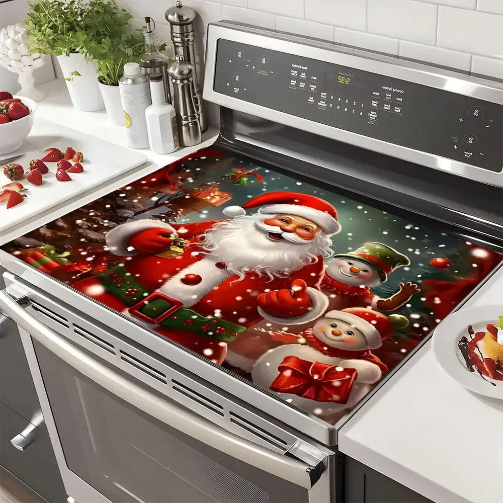 Christmas Soft Electric Stove Cover Cook Top Panel Protector Pad,Snowman Wood Gingerbread Goblin Reindeer Christmas Tree Pattern Design, Soft Durable Design, Easy Clean, Washer and Dryer Pad, Christmas Spring Home Decor, Durable Non-Slip Design