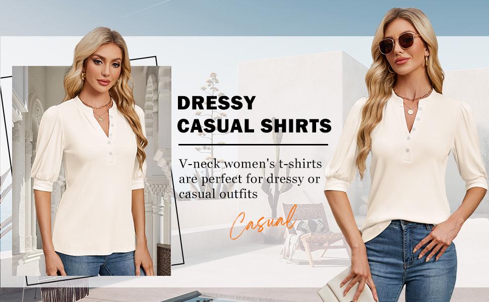 Ohhettm Summer Tops for Women 2025 Trendy Dressy Casual Blouse Puff Short Sleeve Shirts Knit Henley V Neck T Shirt Tunic Womenswear Knitted