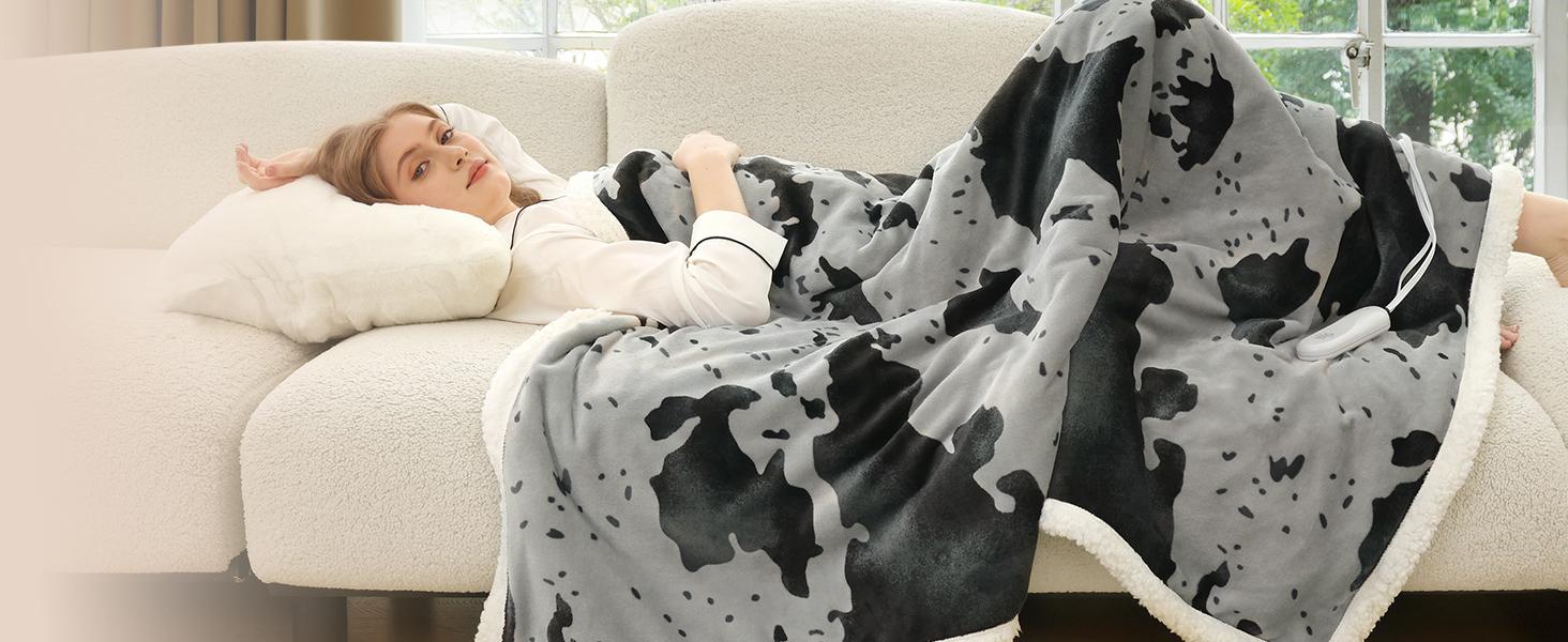 【Buy 2 get 1 poker blanket free】Blunique Cow-Print Heated Blanket, 5 Heat Levels, 4H Auto-Off, Machine Washable, Sherpa Flannel 【Buy 2 get 1 poker blanket free】Blunique Cow-Print Heated Blanket, 5 Heat Levels, 4H Auto-Off, Machine Washable, Sherpa Flannel