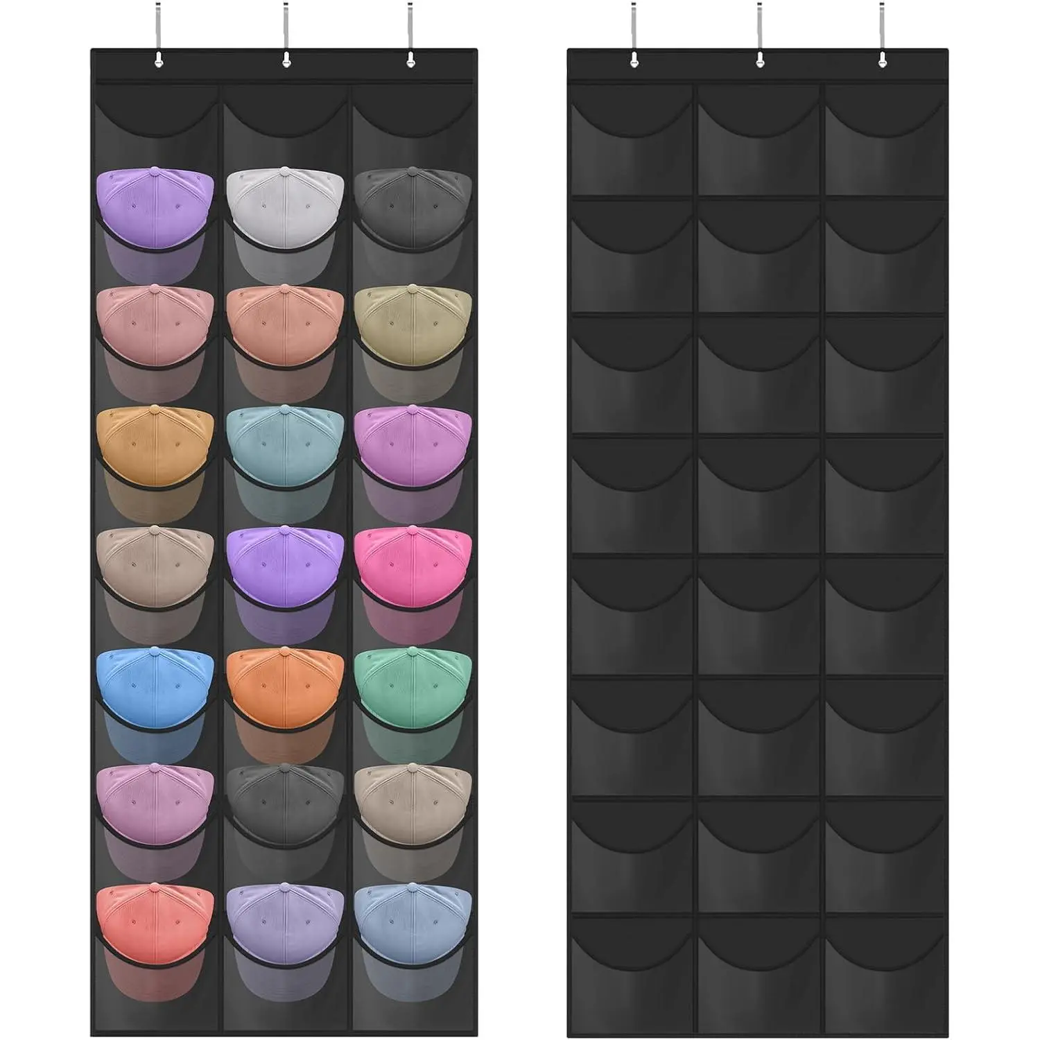 Black Over-the-Door Hat Organizer Holder with 24 Transparent Pockets, 3 Hooks - Wall-Mountable Hat Storage for Baseball Caps
