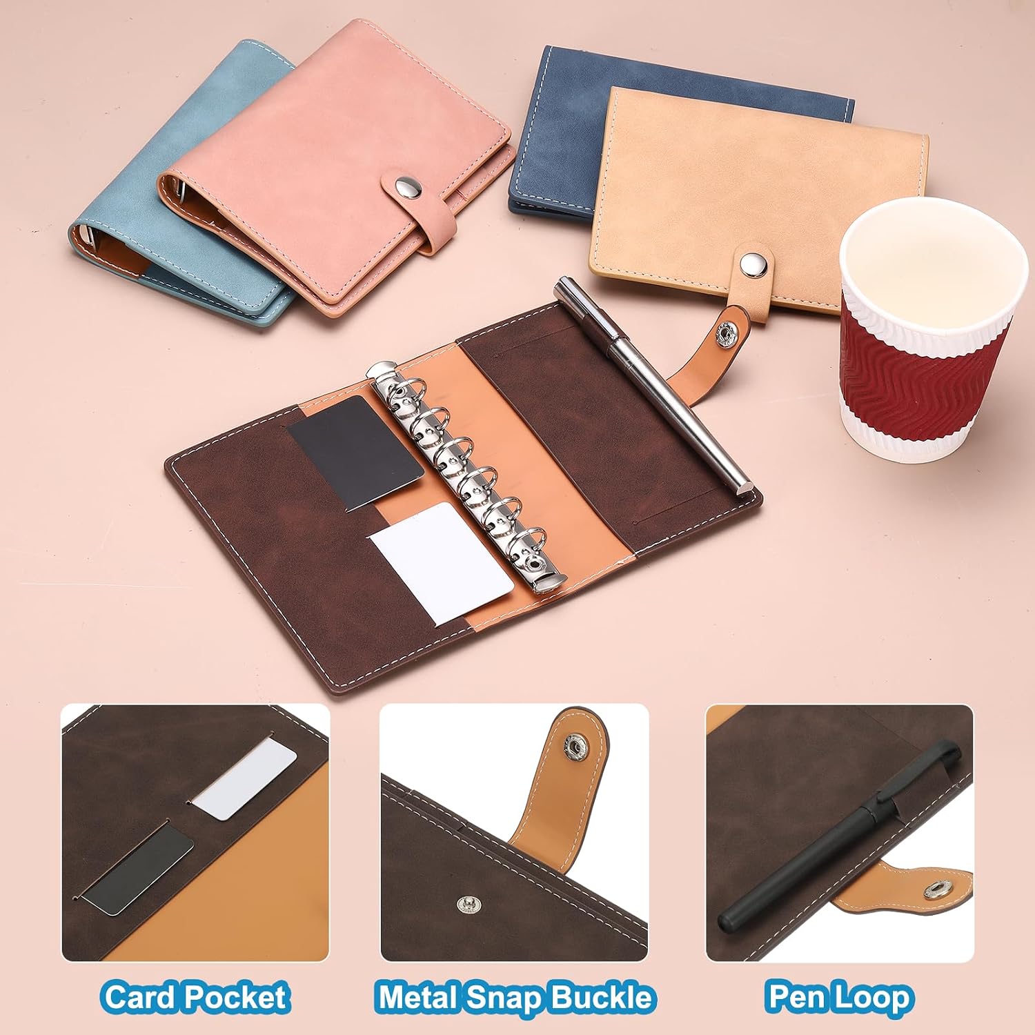 A7 PU Leather Binder Cover, 6 Ring Loose Leaf Binder Protector Round Ring Binder Cover Refillable Notebook Binder for Meeting Photocard Budget Notebook Folder, Dark Brown