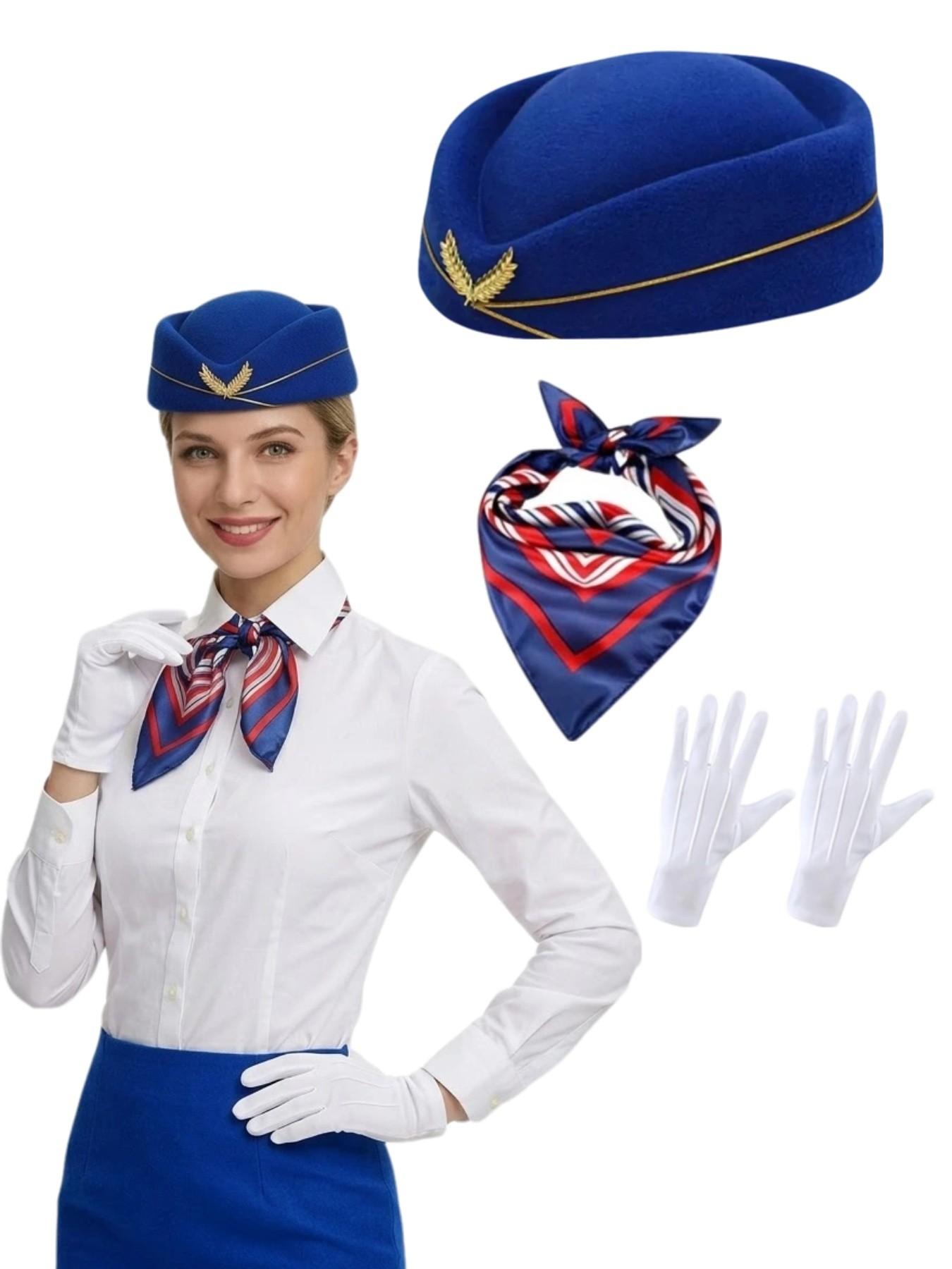 3-Piece Holiday Flight Attendant Costume Set for Women, Includes Hat, Scarf, Gloves, Perfect for Role Play, Vintage Stewardess