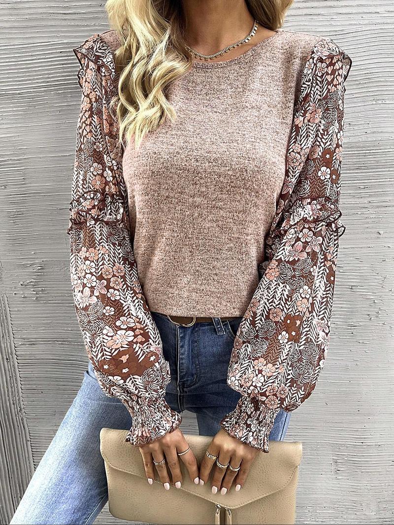 Women's Round Neck Lantern Sleeve Floral Print Patchwork Casual Cute Fall T-Shirt, Long Sleeve Top for Autumn Fashion