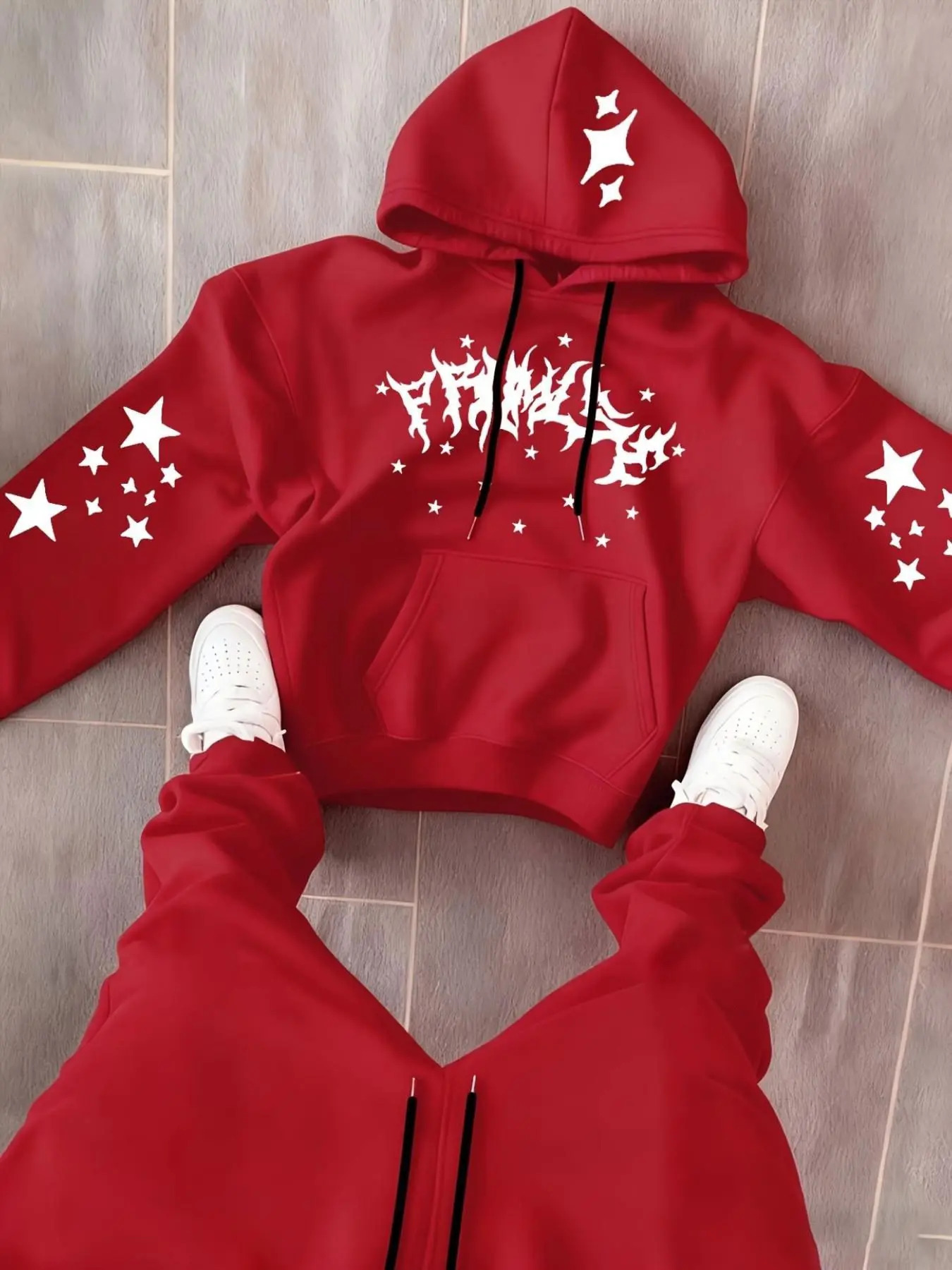 Unisex Y2K Street Style Hoodie, Short Sleeve Graphic Pullover, Dark Font & Full Star Pattern, Loose Fit, Trendy Design