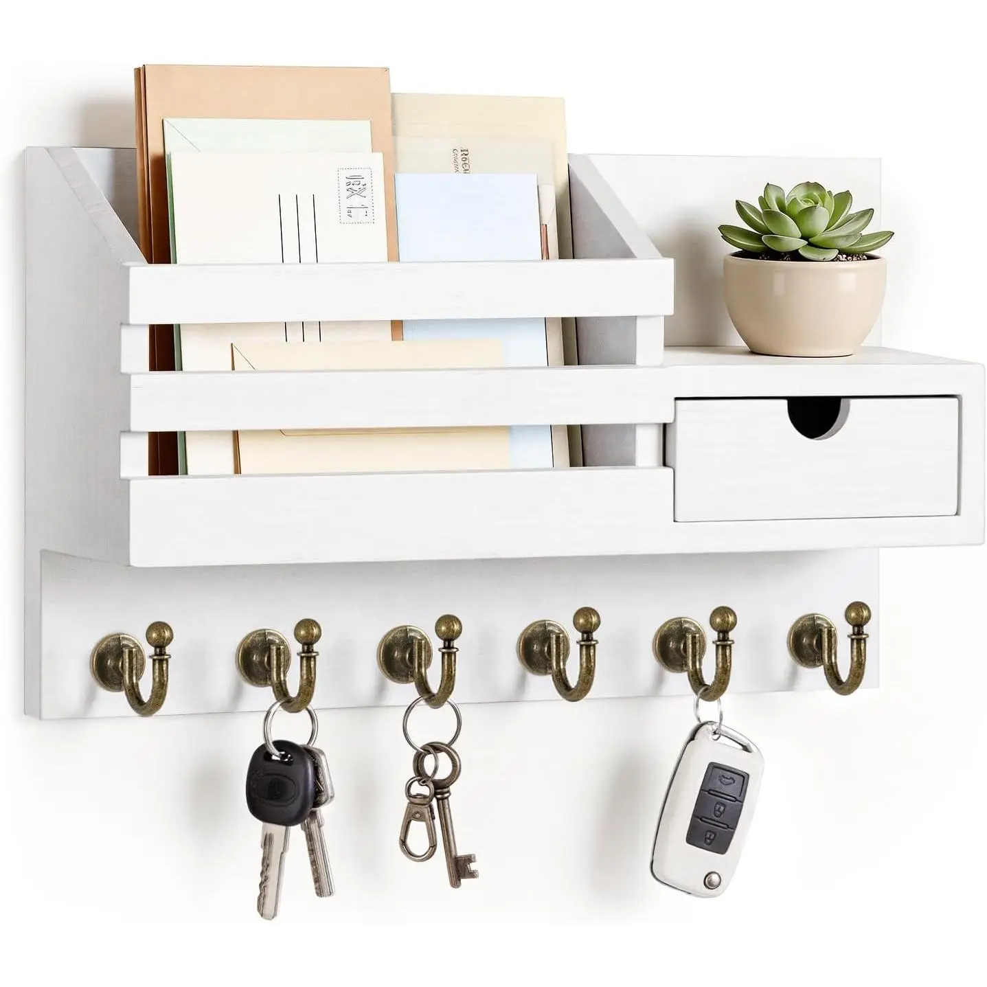 Wall-Mount Key Organiser: 6-Hook Key and Mail Holder with Storage Drawer, Easy-Install Entryway Home Decor (A-White)