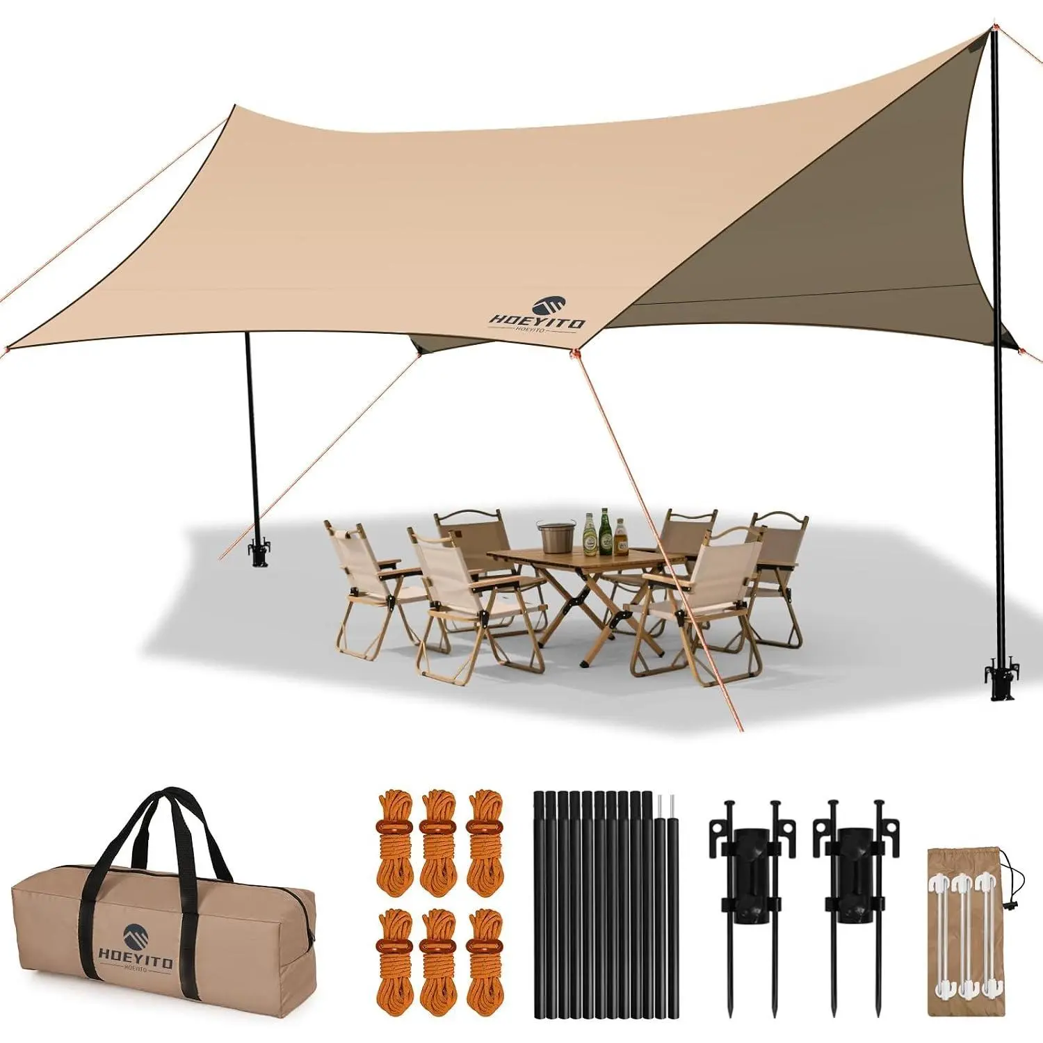 Camping Tarp with Poles & Retainer, 15x12.5FT Large Waterproof 210D Oxford Cloth Camping Canopy, Anti-UV UPF100+ Camping Awning Tent Tarp Car Awning for Outdoor, Picnic, Car, Hammock, Traveling(Khaki)