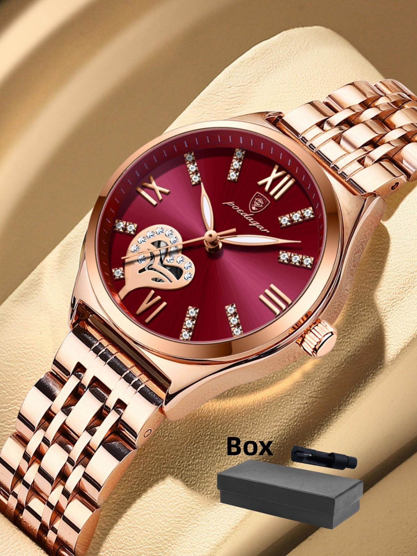 Women's Rhinestone Decorated Heart Design Quartz Watch, Fashionable Waterproof Luminous Analog Watch for Women & Girls, Trendy All-match Watch for Birthday Gift without Box, Casual Trendy Wristwatch, Fashionable Stylish Watch