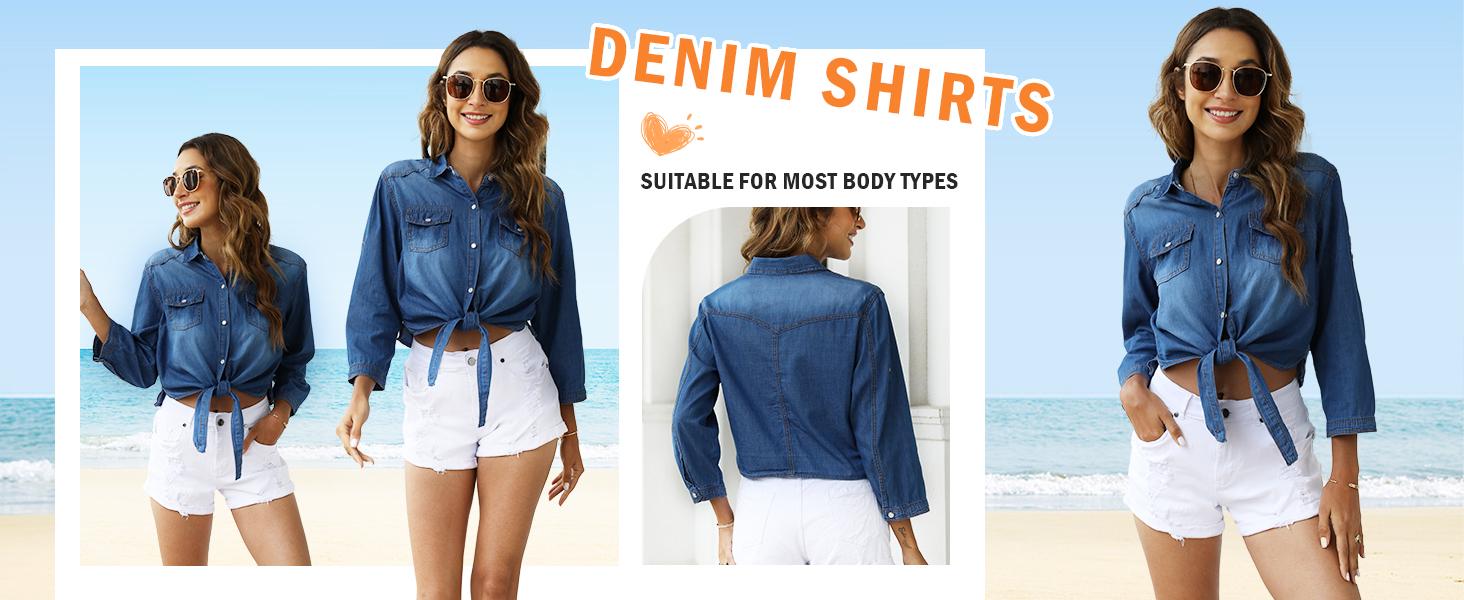 Tanming Women's 3/4 Sleeve Denim Tie Knot Crop Top | Y2K Western Button Down Shirt for Summer Outfits Tanming Women's 3/4 Sleeve Denim Tie Knot Crop Top | Y2K Western Button Down Shirt for Summer Outfits