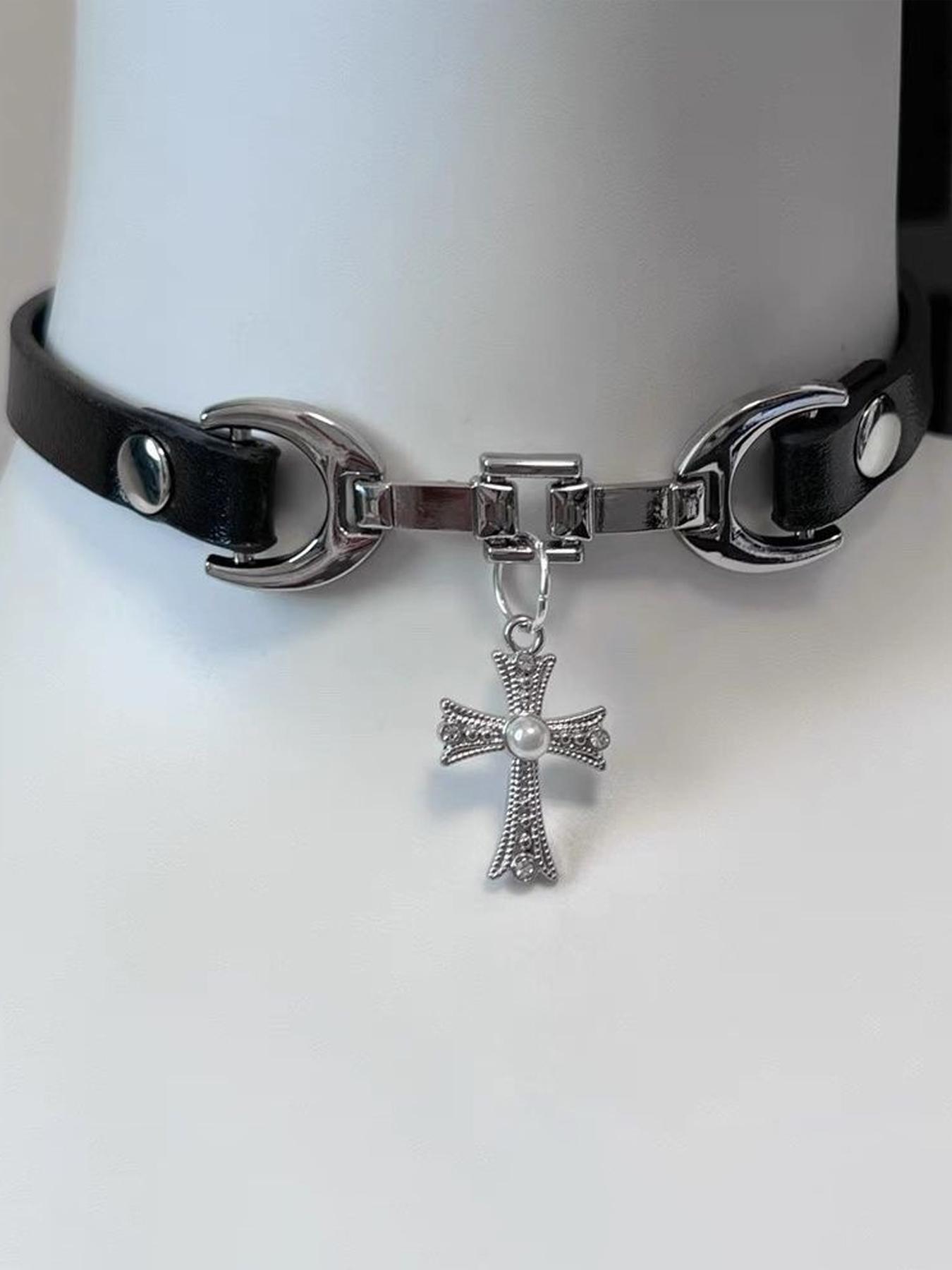 Women's Punk Style Leather Adjustable Star Necklace, Dark Metal Gothic Cross Star Butterfly Pendant Design, Party Personalized Jewelry Accessory