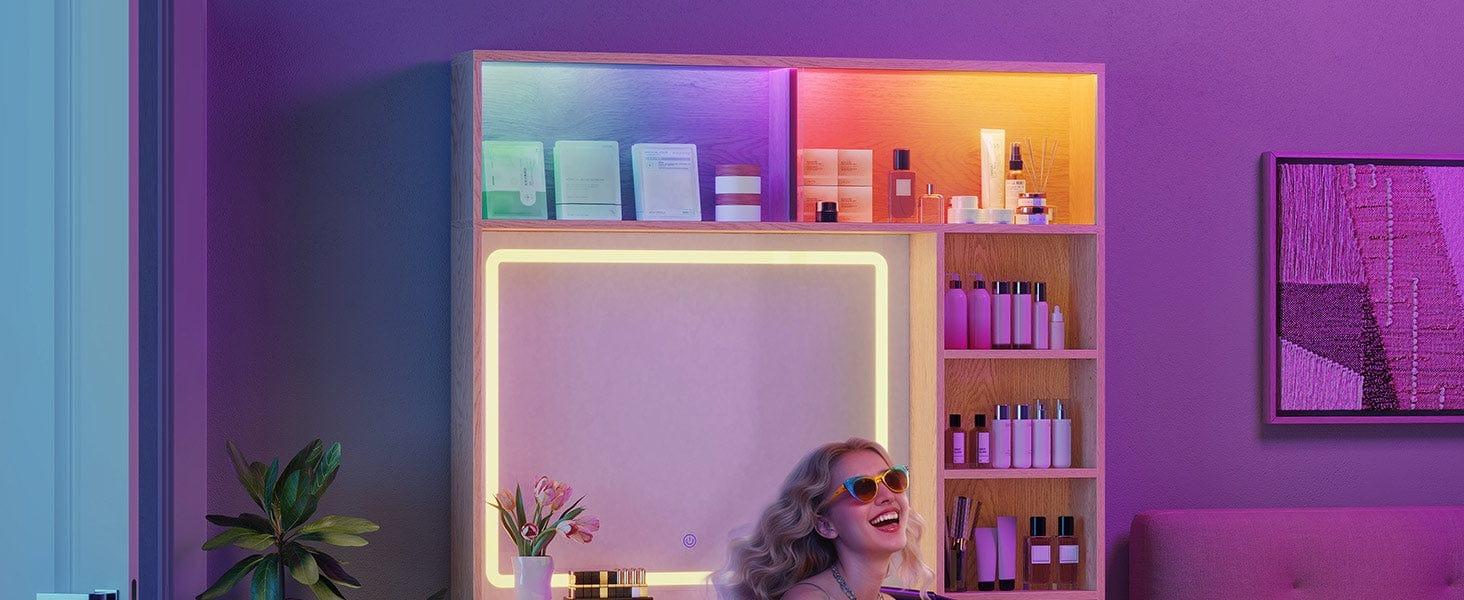 Sikaic Fluted Makeup Vanity with Sync Music LED Lights and Glass Top Mid-Century Modern Wooden Vanity Desk with Mirror, Power Outlet, Glass Cabinet, 4 Shelves and 5 Drawers