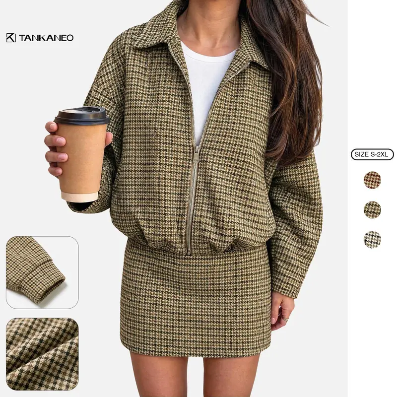 Tankaneo Women Houndstooth Plaid 2‑Piece Outfit Set, Zip‑Up Cropped Jacket & Mini Skirt Matching Co‑Ord for Fall Winter Casual Streetwear
