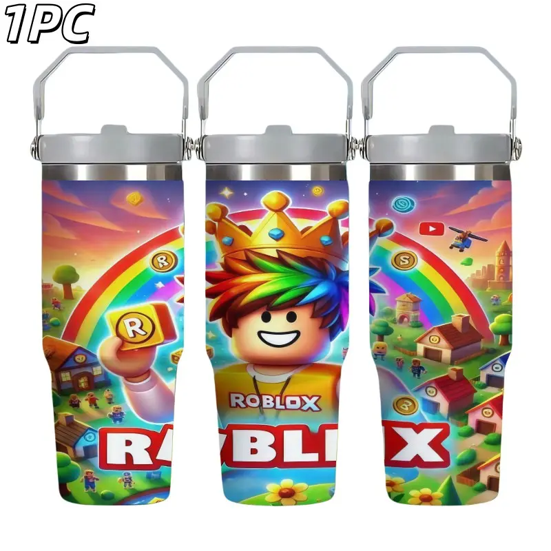 1PC 30oz Stainless Steel Insulated Cup with Straw, Roblox Pattern, Cartoon Design, Double Wall Vacuum Insulation, Leak Proof, Outdoor Camping Use