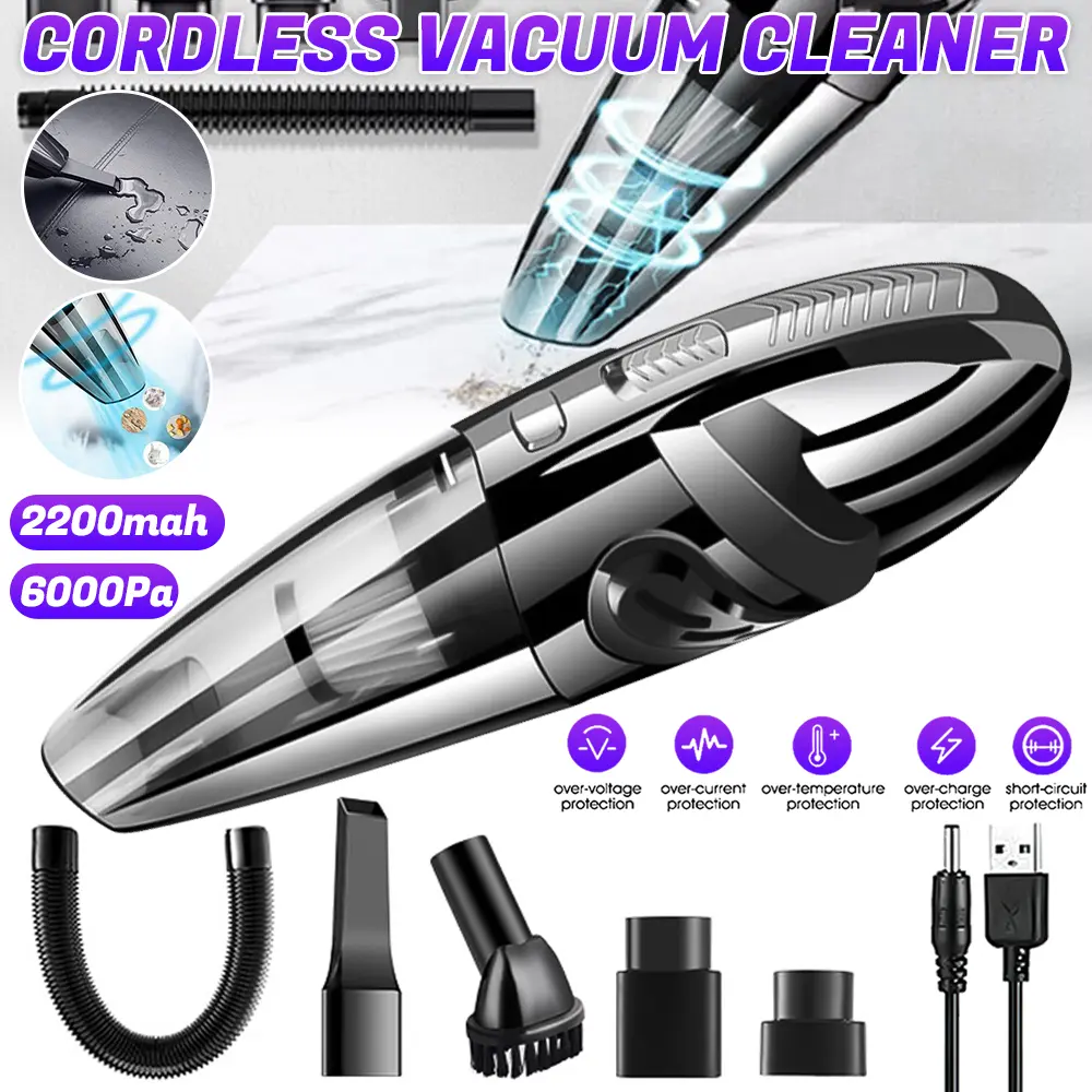 Cordless Handheld Vacuum Cleaner, Compact Portable Vacuum with 2200mAh Battery and 6000Pa Suction Power, Overcharge Safe, Short Circuit, Over-Voltage/Current/Temperature Protection