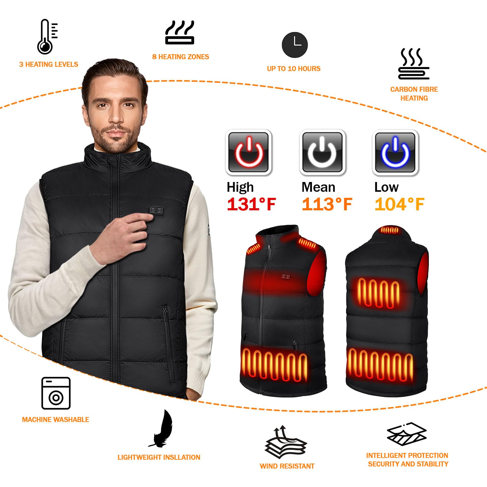 Heated Vest for Men Women, 8 Heating Zones, 3 Temperature Controls, USB/DC Rechargeable, Waterproof, Down Cotton Filling, Hunting Skiing Winter Outdoor Heating Vest with 10,000 mAh Battery - Polyester Clothes