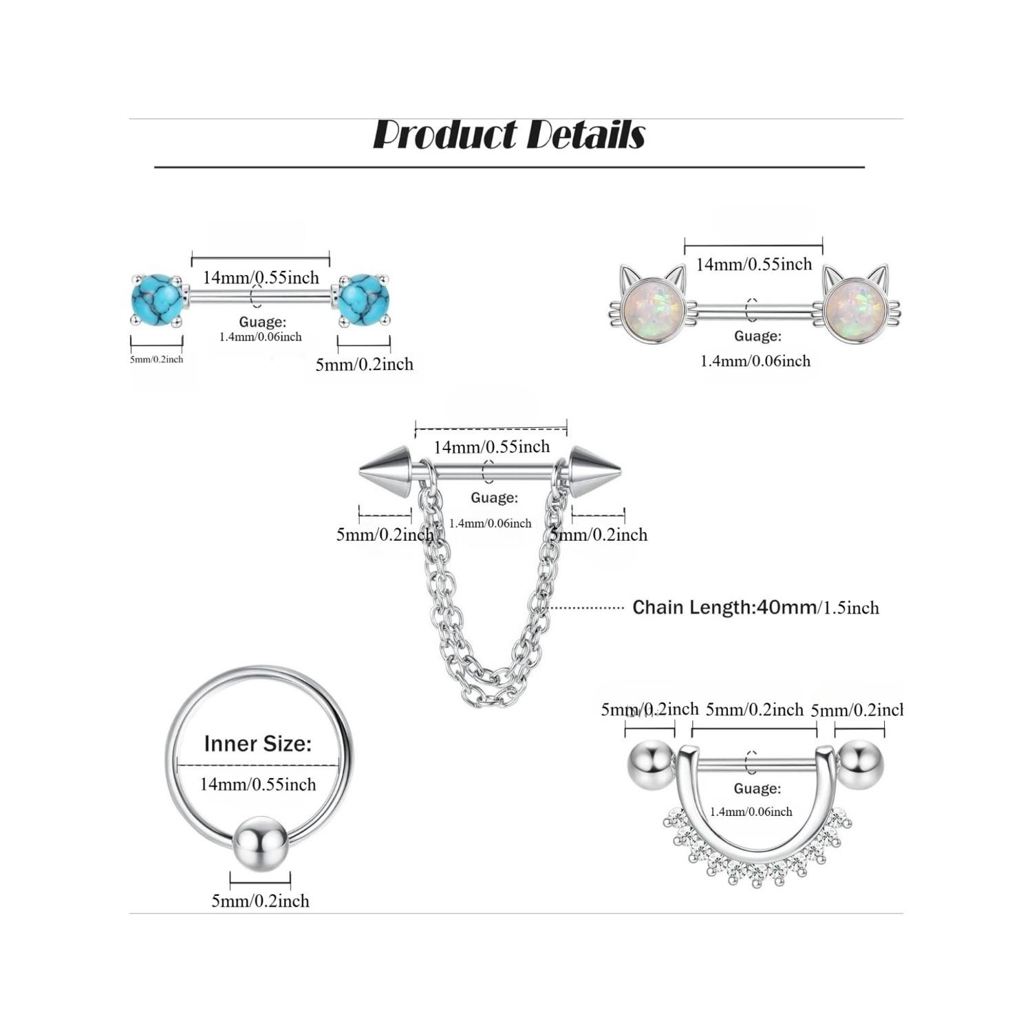 9 Pairs Nipple Rings for Women 14G Stainless Steel CZ Opal Hoops Nipple Rings with Chain Rose Silver Tone Heart Nipple Piercing Jewelry