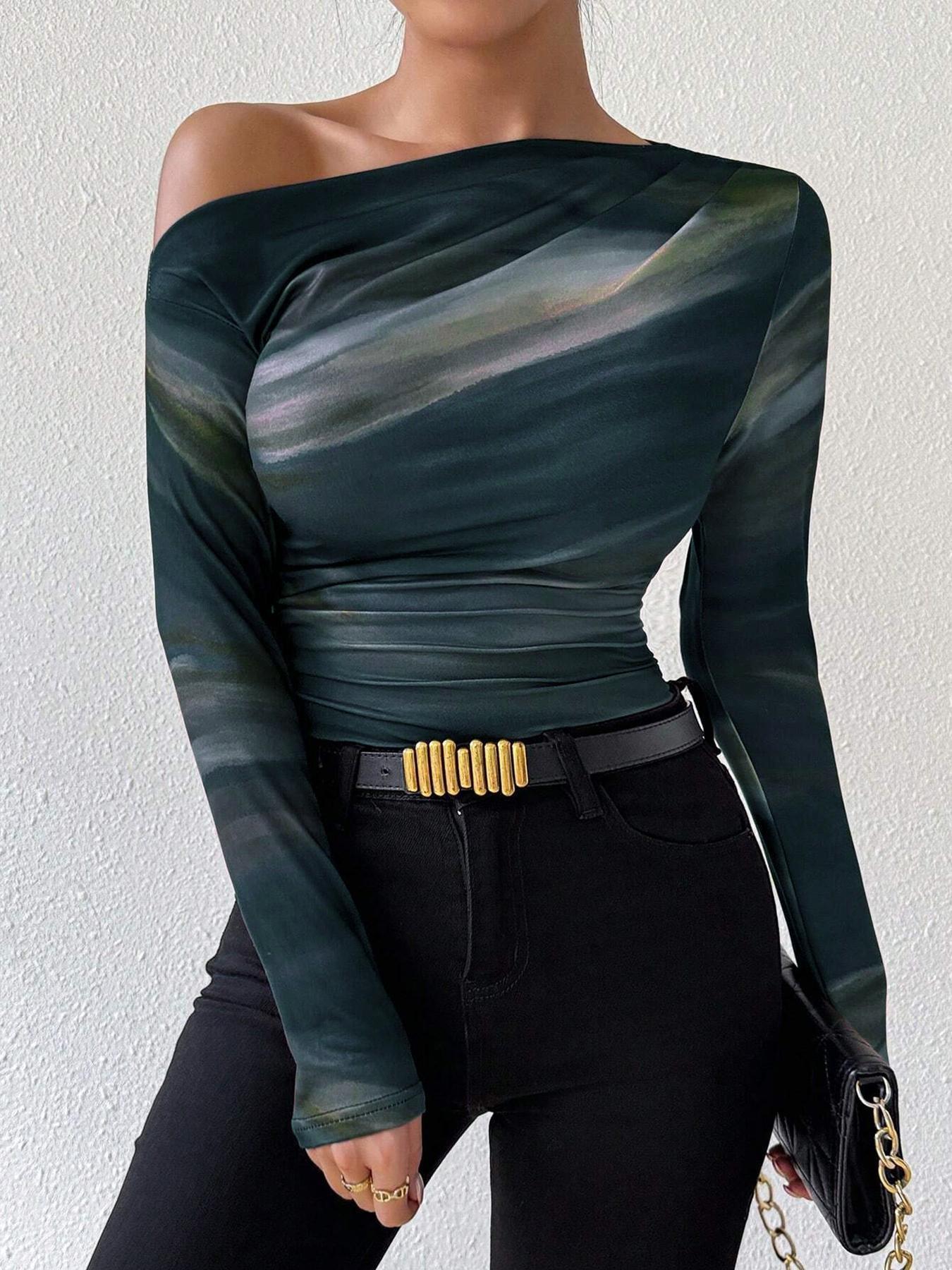 Women's Marble Print Ruched Asymmetrical Neck Tee, Casual Long Sleeve T-Shirt for Spring & Fall, Women's Clothing for Daily Wear