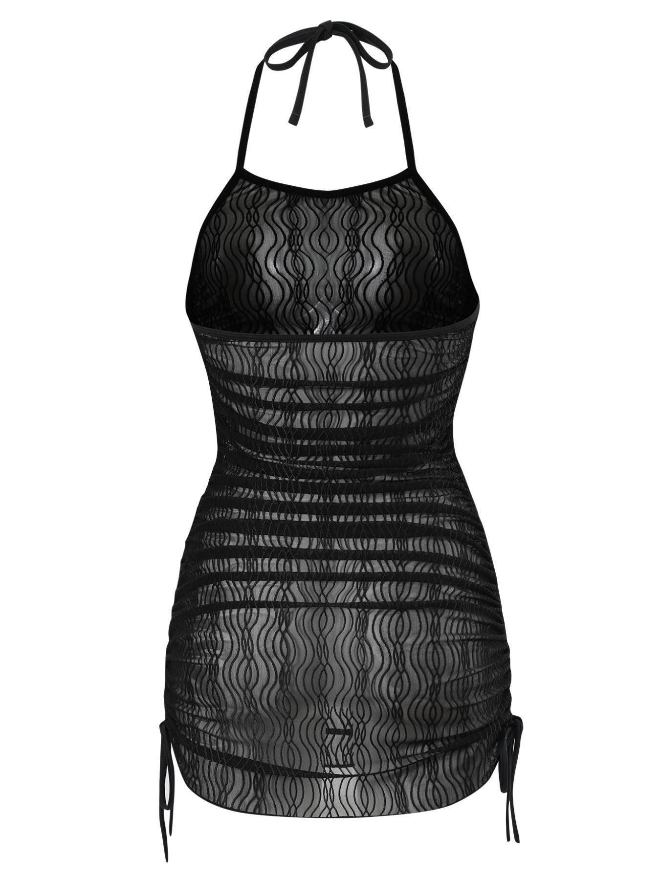 Summer Women's Transparent Halter Ruched Drawstring Tight Fit Vacation Sexy Beach Cover-Up, Sheer Cover Up, Stylish and Comfortable Summer Wear Swimsuit Cover Up, Swimwear Coverups