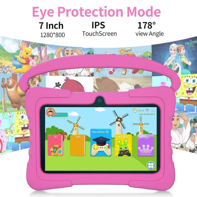 7-inch Android tablet with shockproof protective case, 1GB + 16GB, Wi-Fi, parental controls, dual cameras, Bluetooth tablet, educational, blue/pink, eye protection mode, Student Tablets