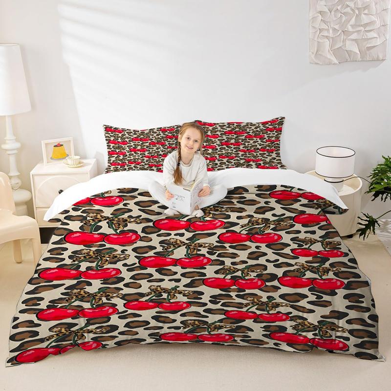 2/3Pcs Leopard Print Cherry Pattern Duvet Cover Set , Retro Sweet and Cool Girl Style Bedding Set, Wild Tension, Sweet Vitality, Full of Retro Sweet and Cool Bedroom Atmosphere, Including 1 or 2 Pillowcases - No Padding/Zipper Closure