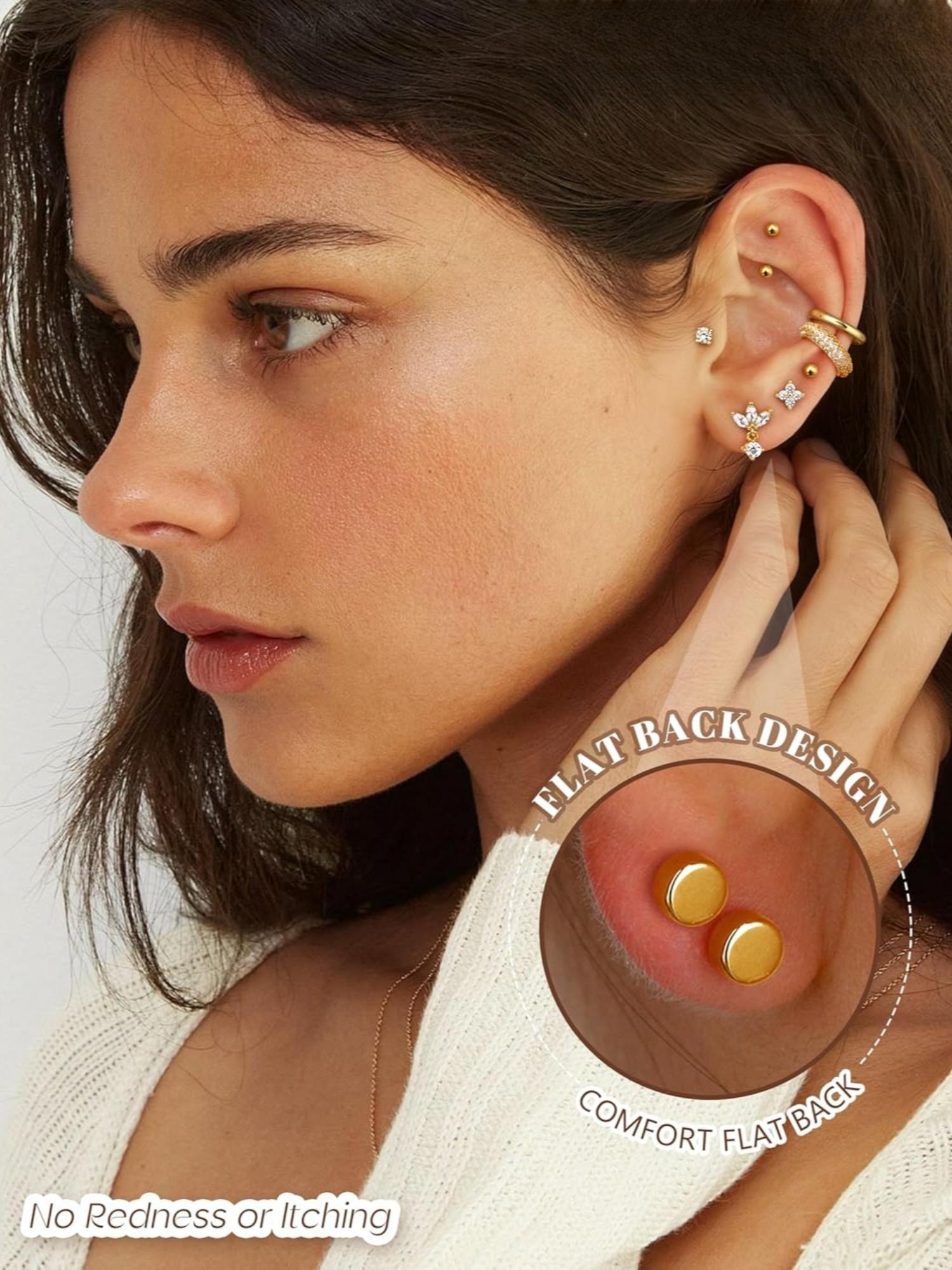 Versatile 24 Pcs Golden Shining Earrings Set Trendy Helix Piercings Surgical Steel Copper for Women Men Small Hoop Earrings with Chain Flat Back Stud Earrings Cartilage Conch Rook Tragus Piercing Earrings