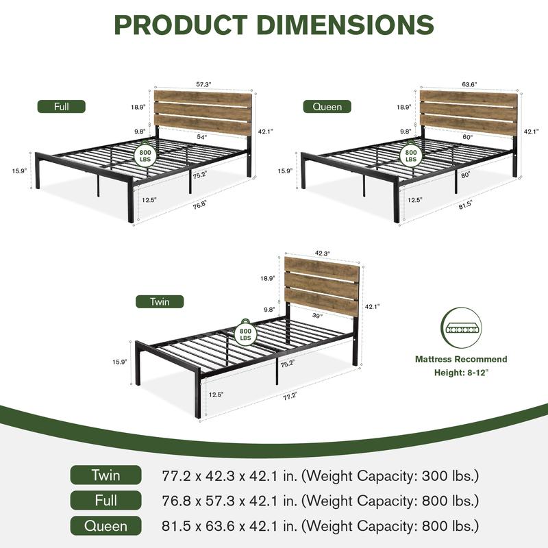 【Clearance】MUTICOR Modern Metal Platform Bed Frame with Wood Headboard 【Frame Only No Mattress】Twin/Full/Queen Size, Thickened Frame, No Box Spring Needed, Black#TikTokShopBlackFriday #ChristmasGifts