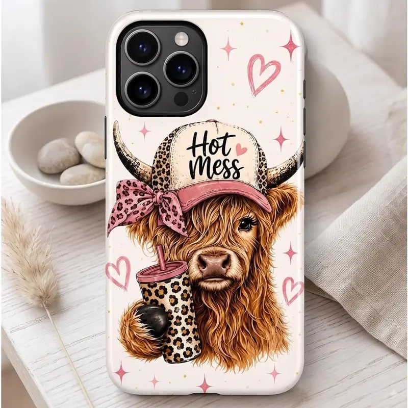 Vintage Boho Highland Cow Pattern 2-in-1 Glossy Film Cellphone Case - Silicone/PC Casing, Shockproof, Anti-Scratch Protection for iPhone 17 Air E,16,18,15,14,13,12,11 Pro Max Plus & Samsung Galaxy S25,S24 Plus,S22+ Ultra FE Edge Devices Accessories