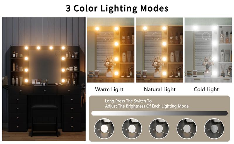 FUSOU 47'' W Fluted Vanity Desk, Makeup Vanity with Power Oultlet, 7 Drawers Vanity with 10 LED Lights and Mirror, 3 Lighting Modes Adjustable, Glass Top, Vanity with Chair for Bedroom, Natural