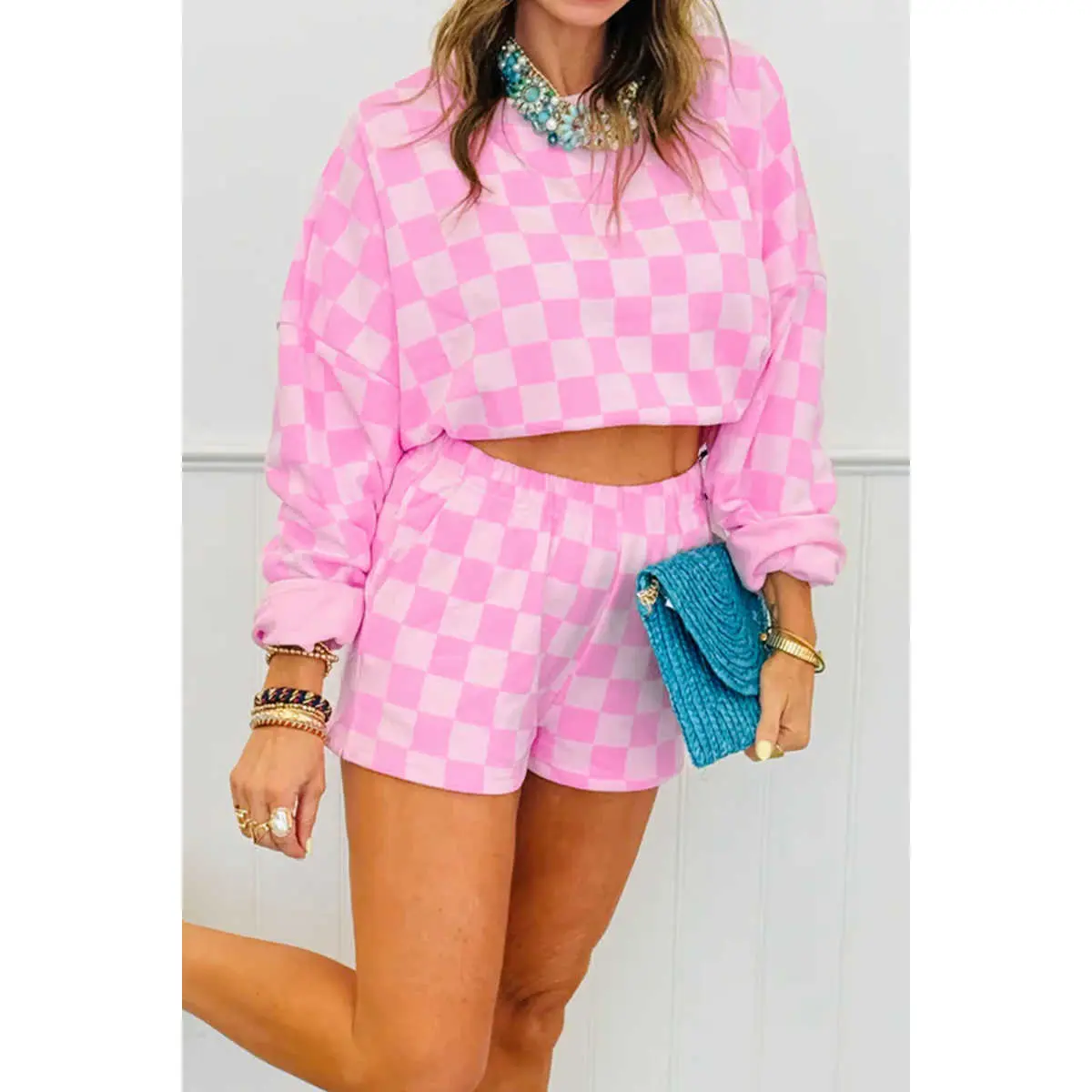 Pink Plaid Checkered Long Sleeve Crop Top Elastic Waist Shorts Two Piece Set