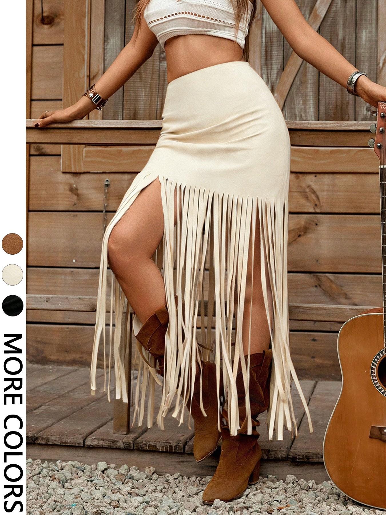Women's Faux Camel Suede Fringe Hem Mini Skirt, Casual Spring Summer Country Music Festival Wear, Plain Design, A-Line Fit