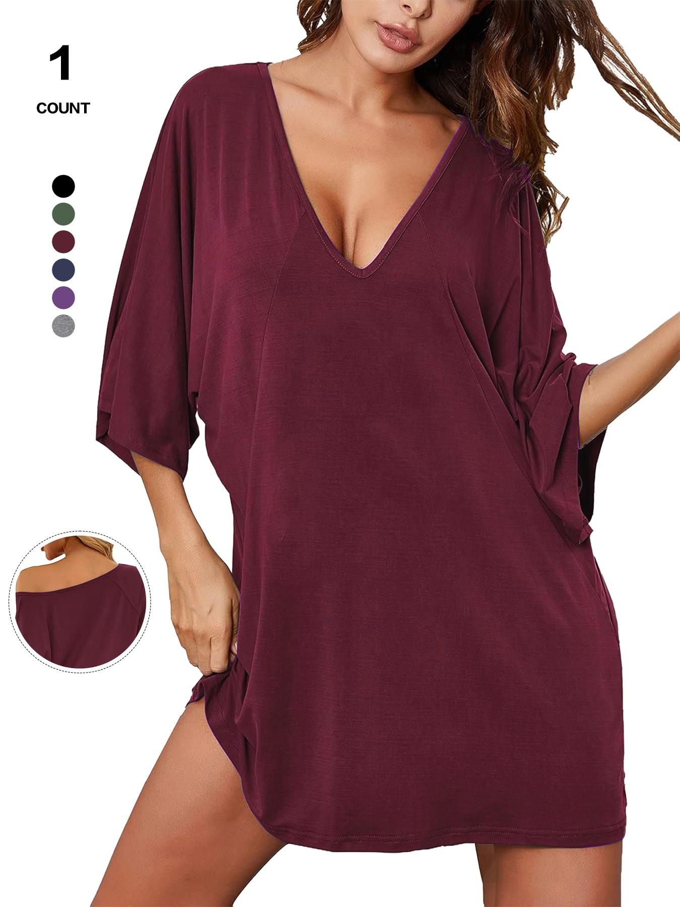 2026 Women's Sleepshirt Deep V Neck Nightgown Batwing Nightshirt Oversized Sleepwear