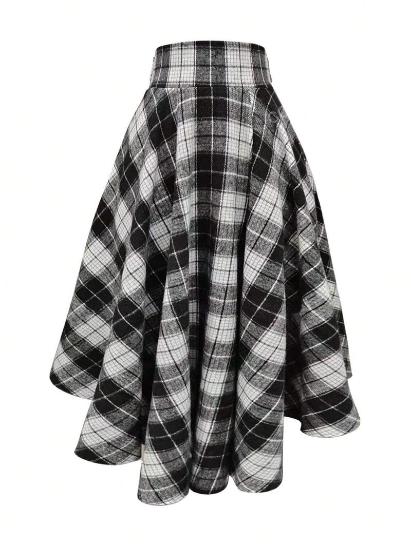 Women's Plaid Print Tie Front Split Thigh Shirt Skirt, Street Fashion Casual High Waist Long Skirt, Split Hem Skirt for Daily Outdoor Wear, Women's Bottoms for Spring & Fall