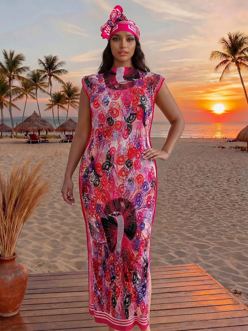 Women's Elegant Animal Print Long Dress Set, Slim-Fitting Moo Moo Skirt & Scarf, Beach Sun Protection Shawl, All Seasons Fashion