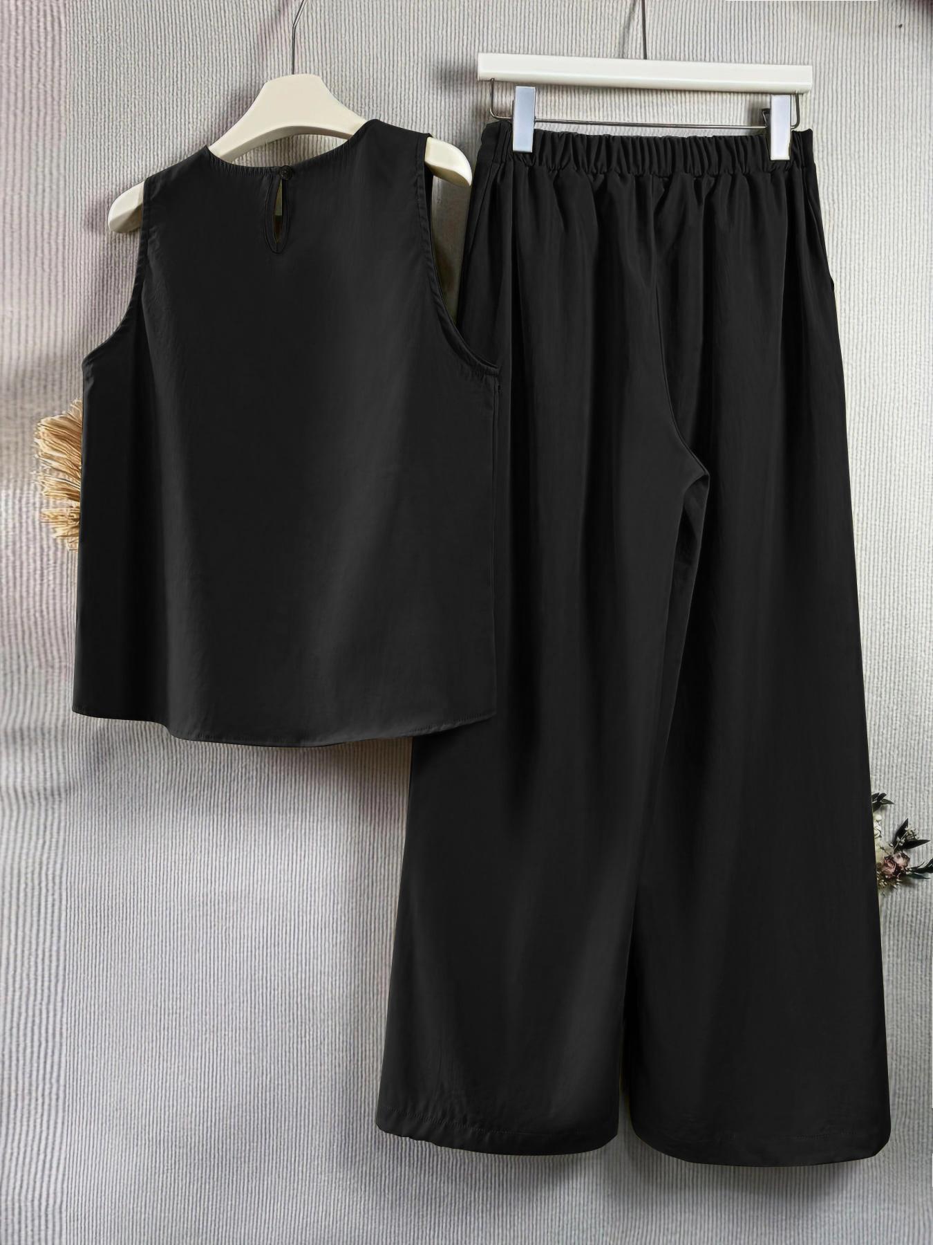 Women's Solid Tank Top & Pocket Wide Leg Pants Set, Matching Clothing Set, Elegant Fashion Casual Two-piece Outfits for Daily Outdoor Wear, Women Clothing for Summer
