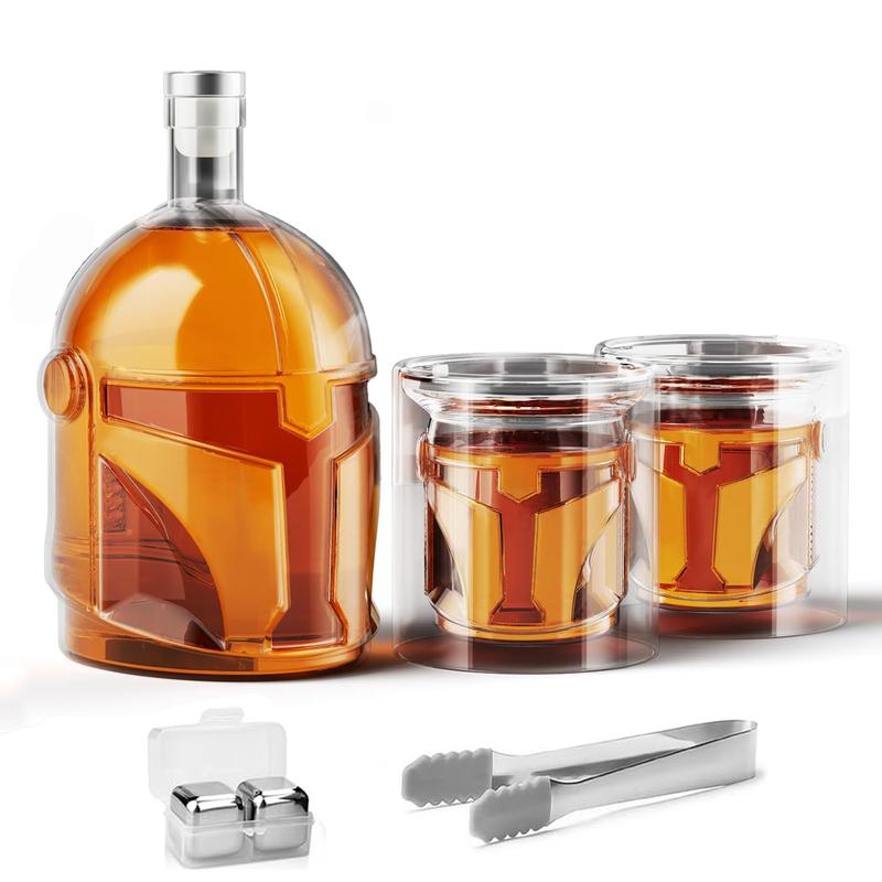 Helmet Whiskey Decanter Set, 34oz Lead-Free Glass Liquor Bottle With 2 Glasses & 4 Whiskey Stones, Unique Bourbon Decanter Gift For Dad, Men, Home Bar, Perfect For Spirits, Birthday Halloween Christmas Gifts