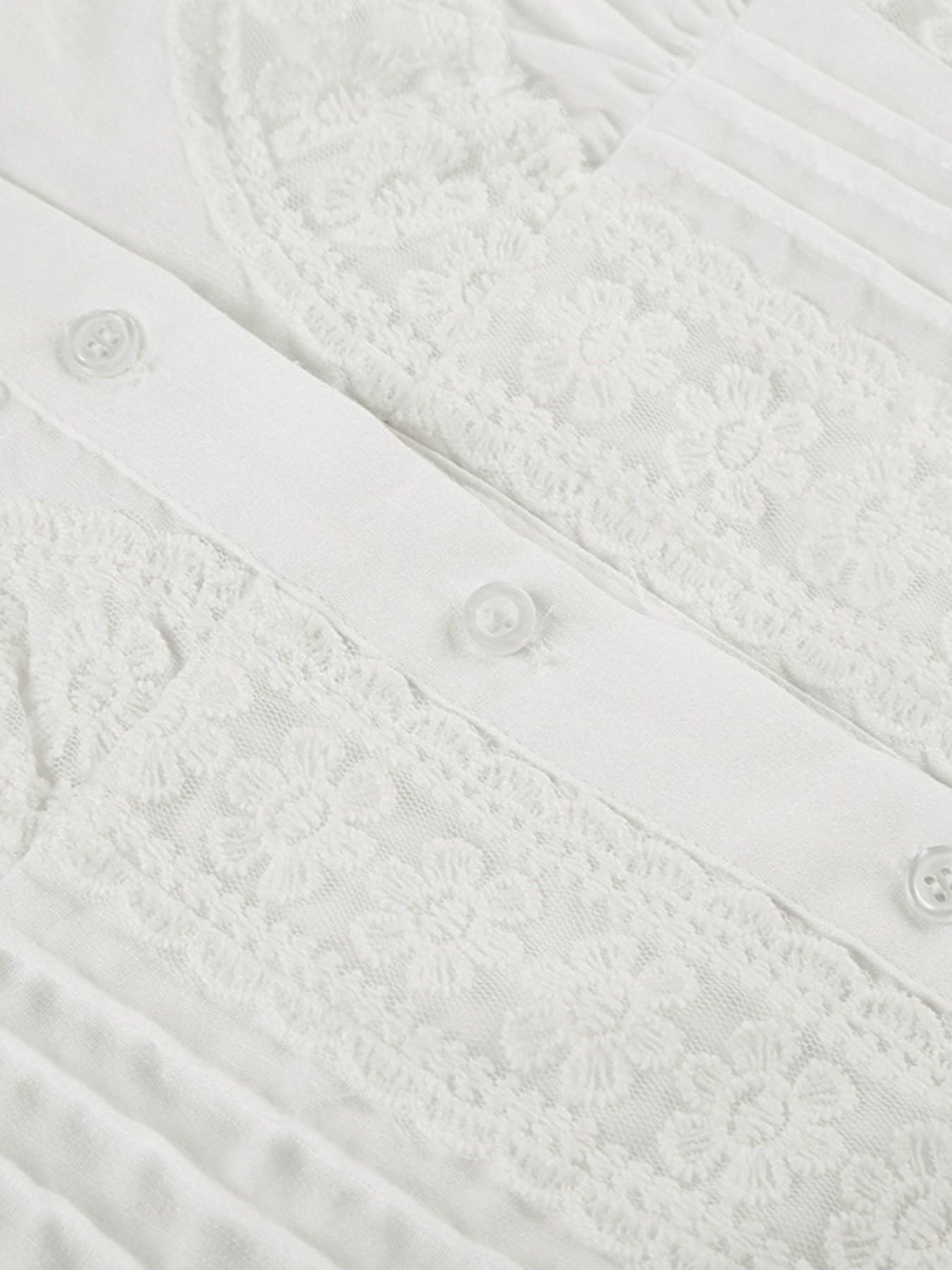 Women's Plain Contrast Lace Frill Trim Casual Button Front Blouse, Sweet Fashion Puff Sleeve Top for Summer, Women's Clothing for Daily Wear