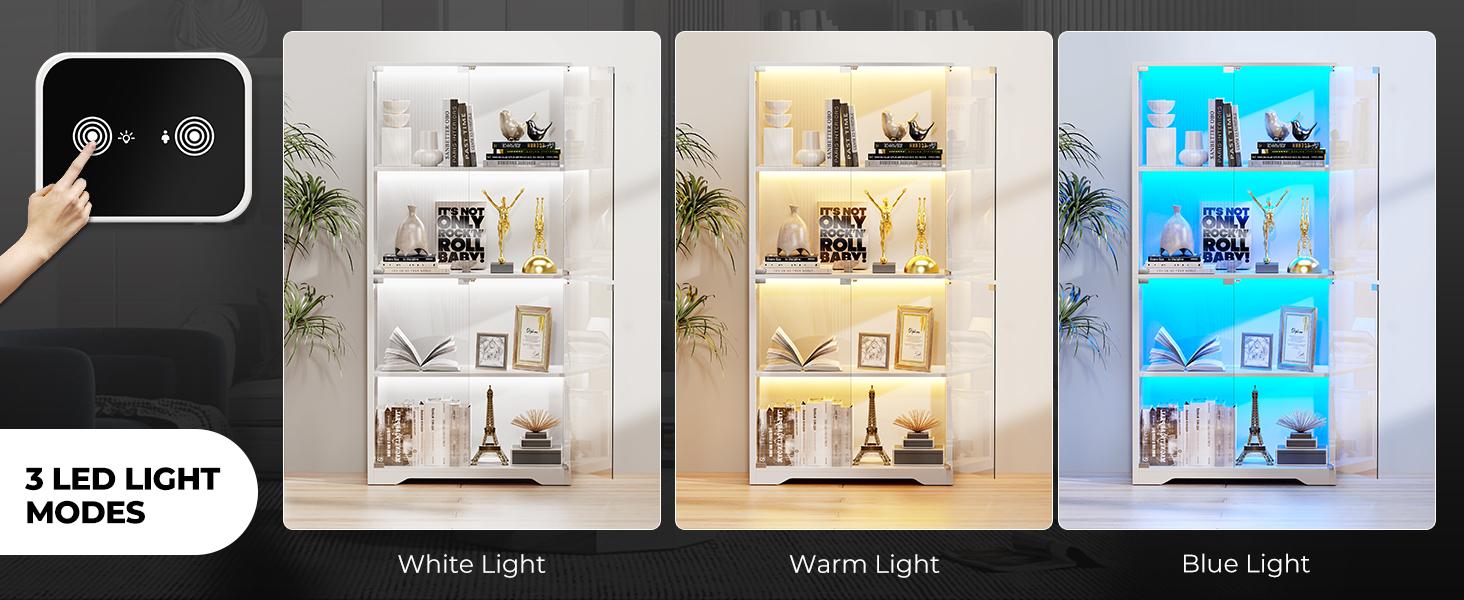 MIIFUNY Display Cabinet with Glass Doors, Storage Cabinet with 3 Color Light, 4-Tier Curio Cabinet Bookcase for Collectibles, Toys, Books, for Playroom, Bedroom, Study Room, White