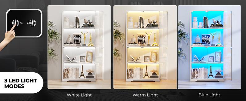 MIIFUNY Display Cabinet with Glass Doors, Storage Cabinet with 3 Color Light, 4-Tier Curio Cabinet Bookcase for Collectibles, Toys, Books, for Playroom, Bedroom, Study Room, White MIIFUNY Display Cabinet with Glass Doors, Storage Cabinet with 3 Color Light, 4-Tier Curio Cabinet Bookcase for Collectibles, Toys, Books, for Playroom, Bedroom, Study Room, White