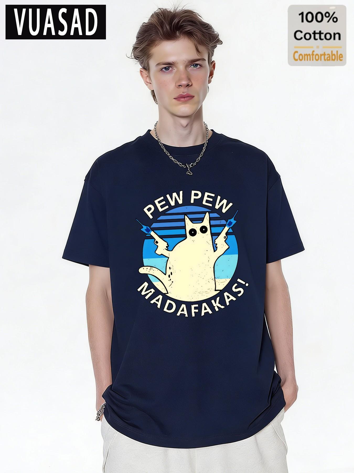 Vuasad Men's 100% Cotton Short Sleeve T-Shirt, Cute Cat Dog Print, Loose Fit, Casual Style, Long Sleeve, Trendy Fashion