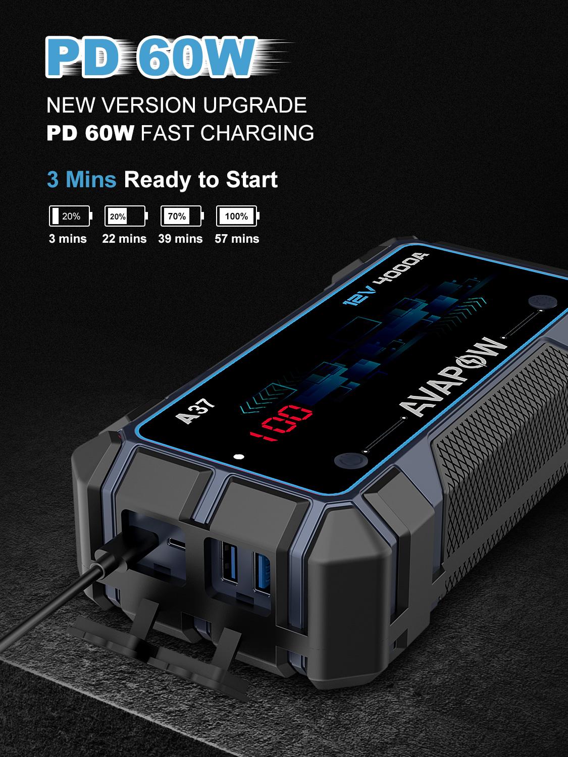 AVAPOW 4000A Car Battery Jump Starter–12V Portable Power for 10L Gas/10L Diesel Engines, Booster Function, PD 60W Fast Charging Lithium Jump Box Outdoorfun AVAPOW 4000A Car Battery Jump Starter–12V Portable Power for 10L Gas/10L Diesel Engines, Booster Function, PD 60W Fast Charging Lithium Jump Box Outdoorfun