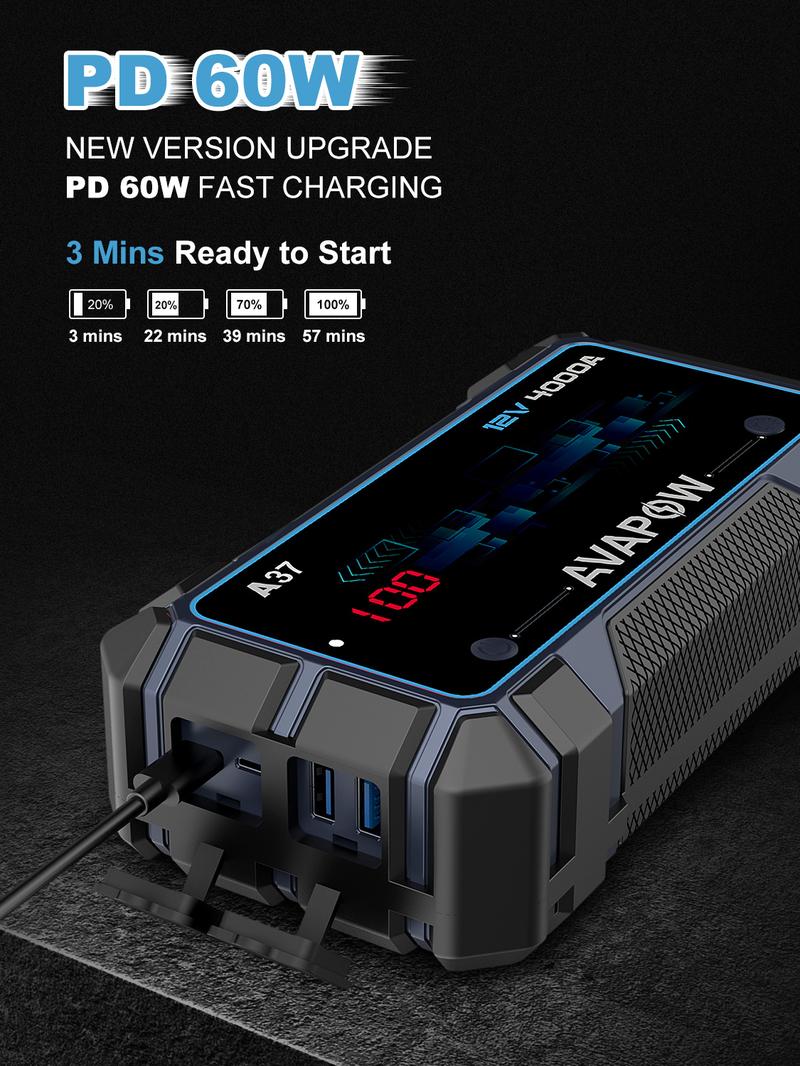 AVAPOW 4000A Car Battery Jump Starter–12V Portable Power for 10L Gas/10L Diesel Engines, Booster Function, PD 60W Fast Charging Lithium Jump Box Outdoorfun